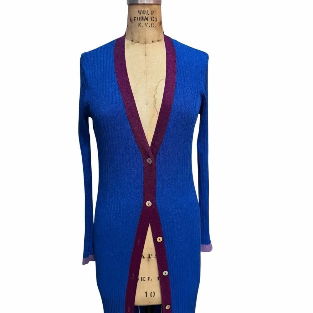Zara Knit Blue Long Cardigan with Burgundy Trim Size M